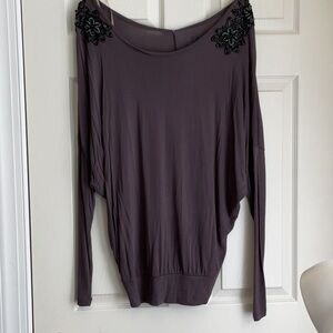 Gray Long Sleeve Top with Black Embellishments